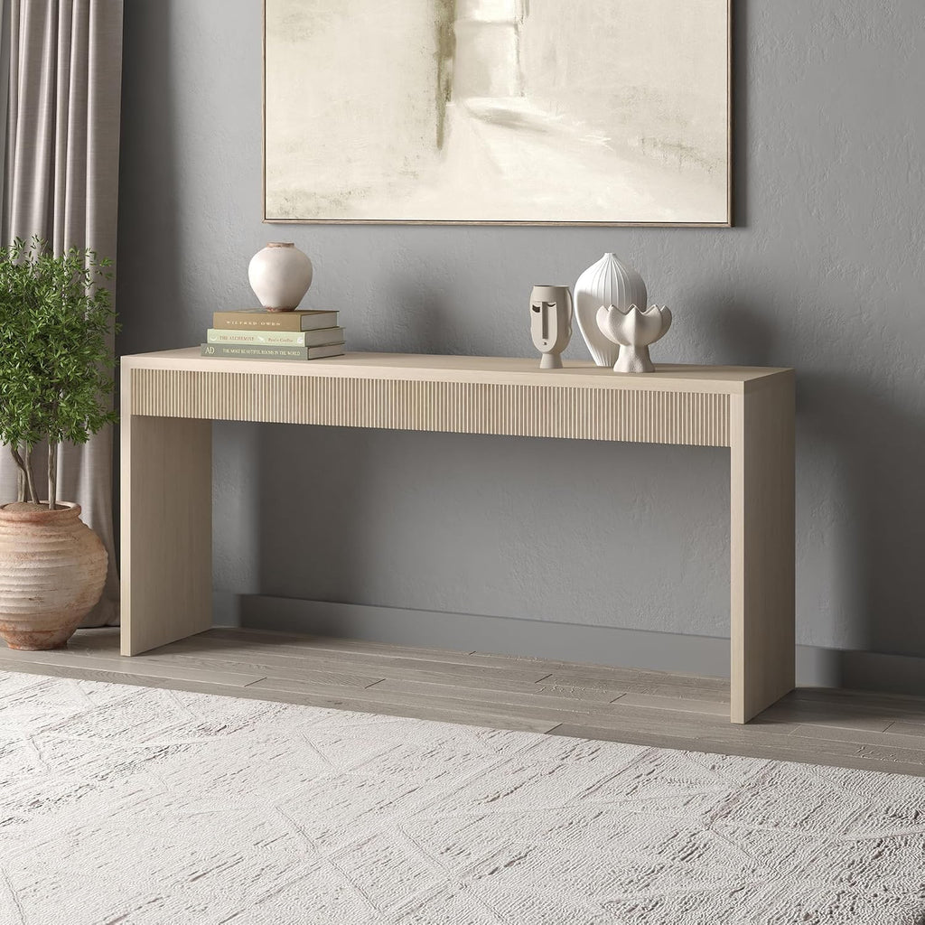 Henn&Hart 64" Rectangular Fluted Console Table, Ribbed Entryway Table, Sofa Table for Entryway, Living Room, Couch, Hallway, or Office, Beech White