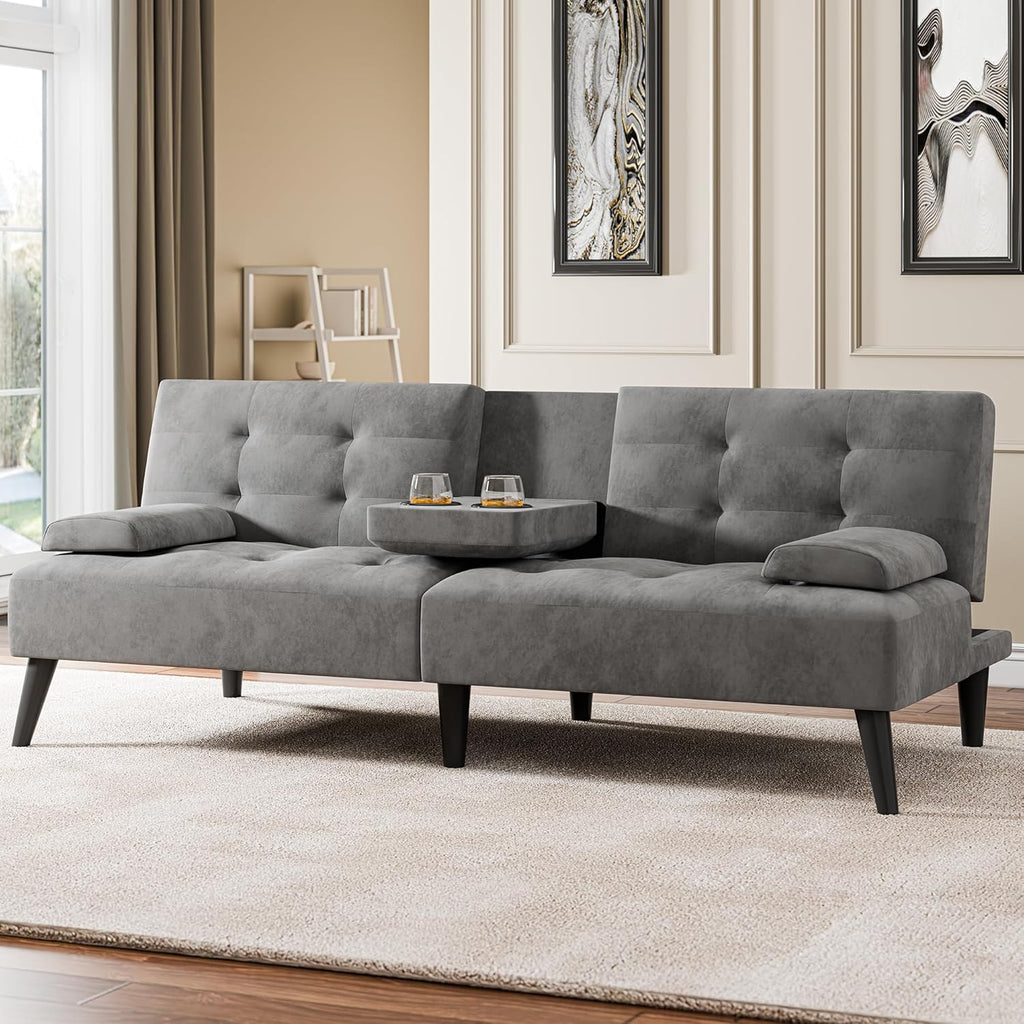 64" Futon Sofa Bed, Convertible Loveseat with 2 Cup Holders, Small Couch with 3 Adjustable Angles & Armrests, Sleeper Sofa for Small Space, Dark Grey