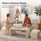 3-Piece Ottoman Bench Set, End of Bed Bench with 2 Foot Stools | 44" Teddy Padded U-Shaped Design, Wood Frame, 500LBS Weight Capacity, No Assembly Required, Entry Bench for Bedroom, Cream