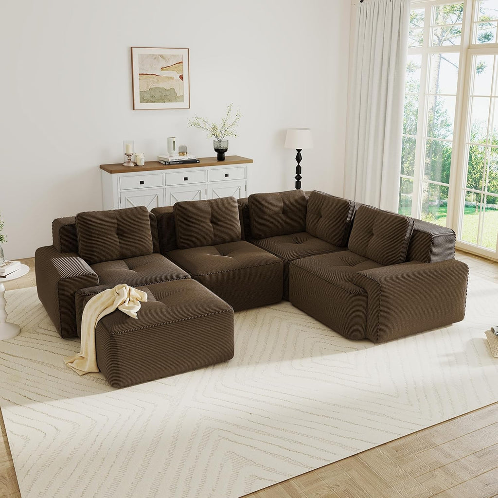 Oversized Modular Sectional Sofa, Modern V Shaped Corner Couch with Ottoman, Comfy 5 Seater Cloud Sleeper Sofa with Deep Seat, Customizable Layout Couches for Living Room, Apartment, Brown