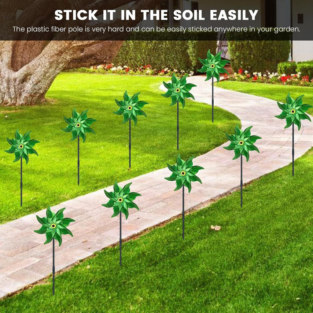 10 PCS Reflective Pinwheels for Yard and Garden Bird Devices Pre-Installed Sparkly Wind Spinner Deterrent to Scare Birds Away from Yard Patio Farm (Green)