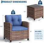 Garvee Outdoor Wicker Chairs,3 Pieces Patio Furniture Set,All Weather High Back Rattan Chairs w/Washable Cushion and Tempered Glass Tabletop for Deck Porch Balcony Backyard Garden,Brown & Blue