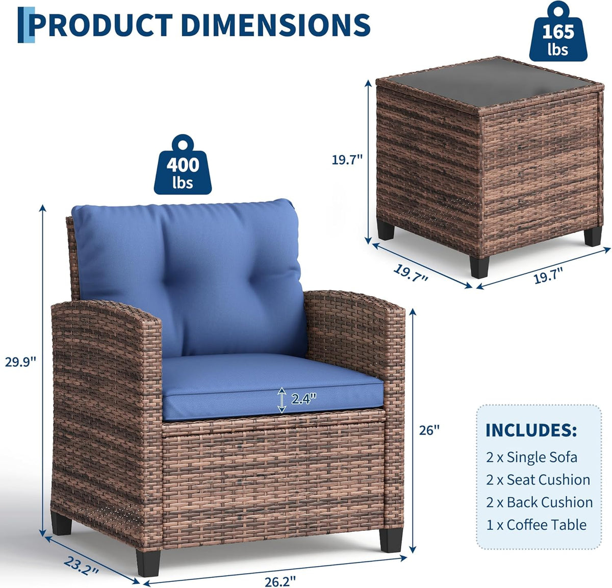 Garvee Outdoor Wicker Chairs,3 Pieces Patio Furniture Set,All Weather High Back Rattan Chairs w/Washable Cushion and Tempered Glass Tabletop for Deck Porch Balcony Backyard Garden,Brown & Blue
