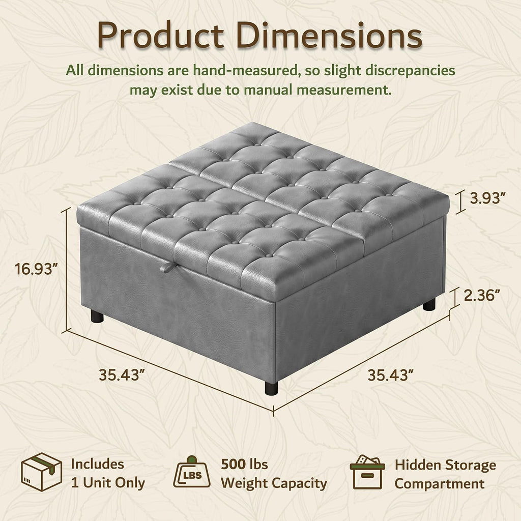 LINLUX Grey Leather 36 Inch Square Large Living Room Lift Top Ottoma | LINLUX Tufted Upholstered Shoe Storage Entry Bench, Bed Benches For Foot Rest, Lift Footrest For Dorm Bedroom Office