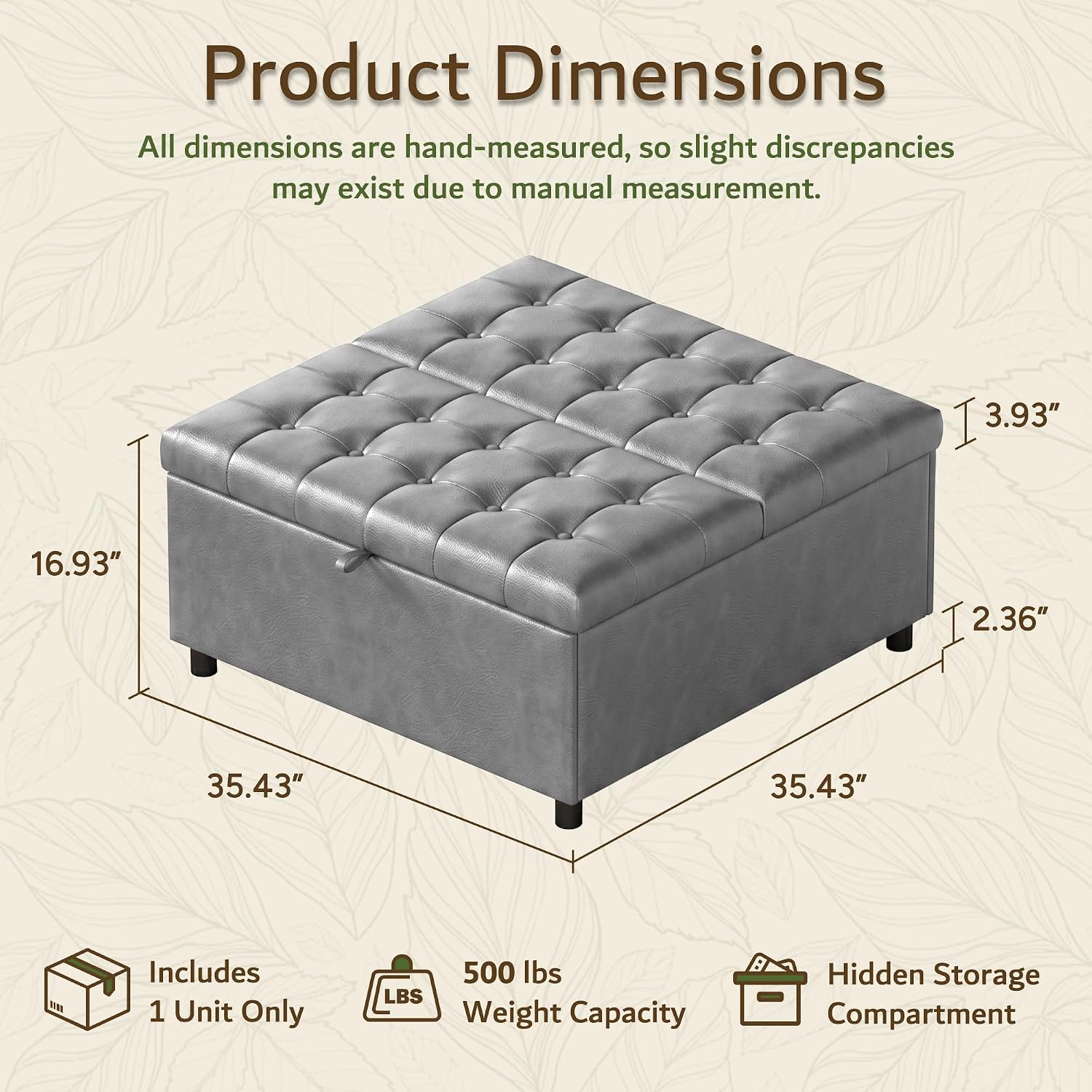 LINLUX Grey Leather 36 Inch Square Large Living Room Lift Top Ottoma | LINLUX Tufted Upholstered Shoe Storage Entry Bench, Bed Benches For Foot Rest, Lift Footrest For Dorm Bedroom Office