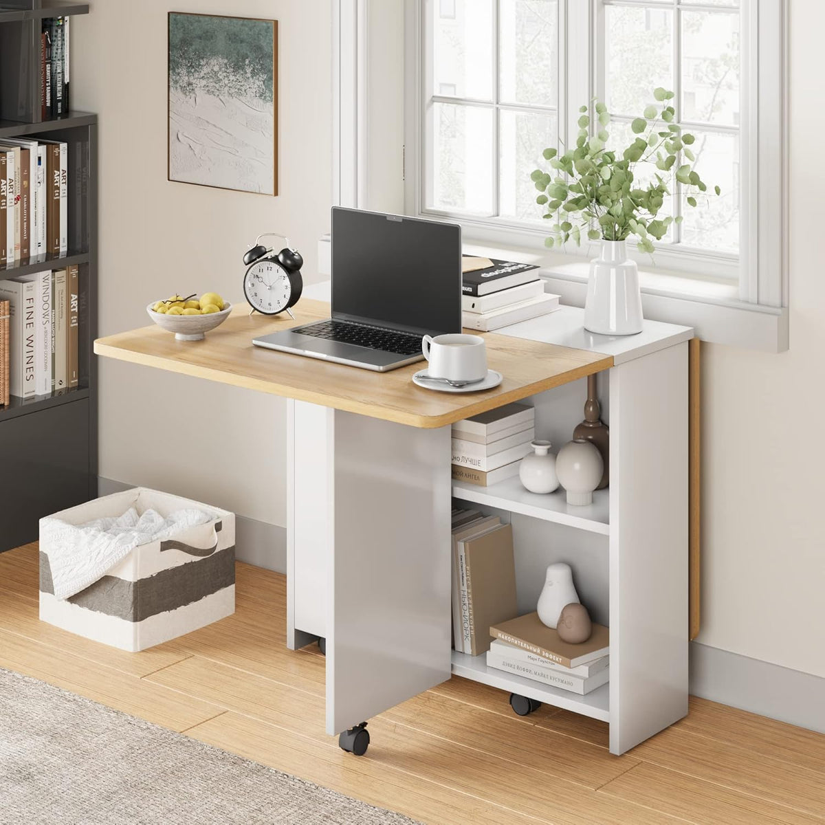 GAOMON Folding Dining Table Drop Leaf, Extendable Kitchen Table for 4 with 2-Tier Storage Shelves, Space Saving Collapsible Rectangle Table on Wheels for Small Spaces, Dining Room Office Furniture