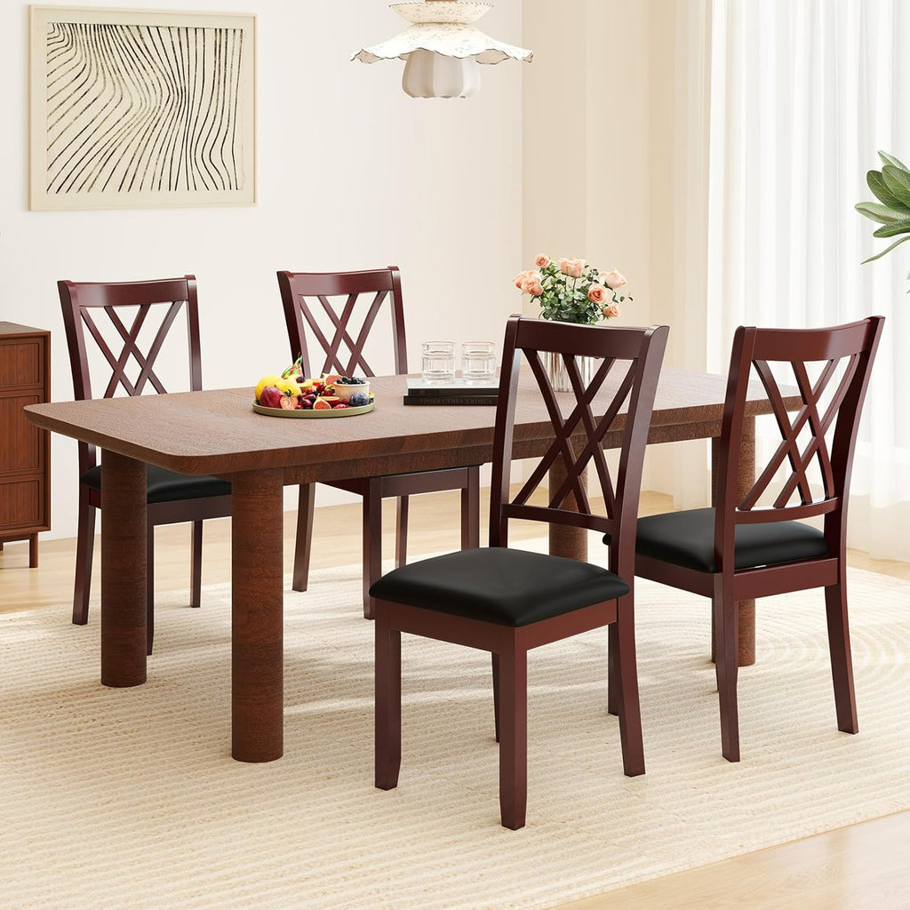 COSTWAY Set of 4 Dining Chairs, Wooden Kitchen Side Chair with PU Leather Padded Seat, Rubber Wood Frame & High Back, Farmhouse Dining Room Chairs for Home & Restaurant, Walnut