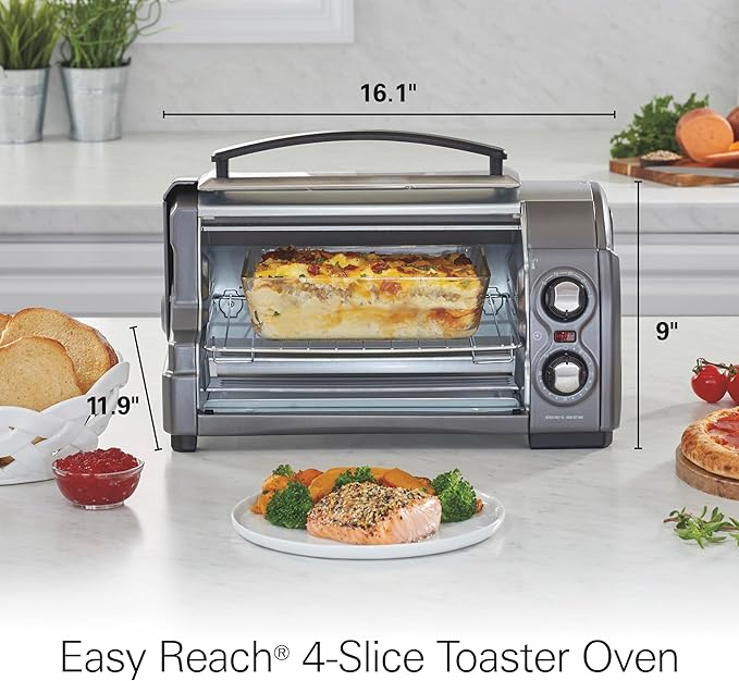 Hamilton Beach Easy Reach 4-Slice Countertop Toaster Oven With Roll-Top Door, 1200 Watts, Fits 9” Pizza, 3 Cooking Functions for Bake, Broil and Toast, Silver (31344DA)