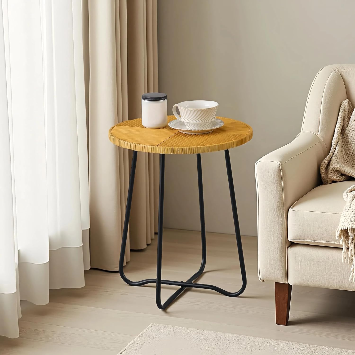 Boho Rattan Round Small End Tables for Small Spaces 16 X 19 Inch, Handmade Farmhouse Decorative Side Table Living Room Bedroom Balcony, Mini Coffee Table for Couch