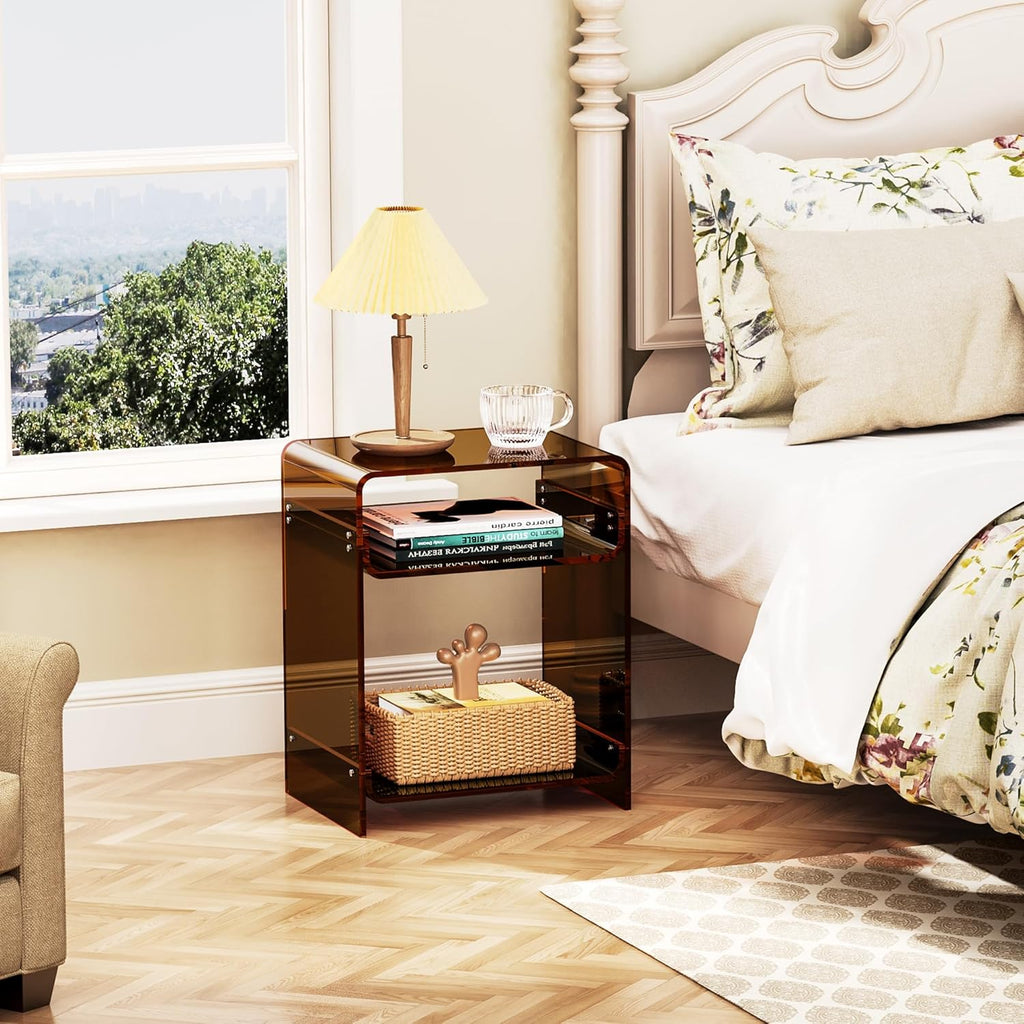 Acrylic End Table Record Player Table with Storage Shelf Clear Side Table Nightstand (Dark Brown)