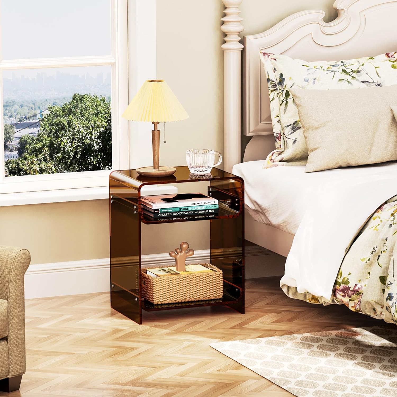 Acrylic End Table Record Player Table with Storage Shelf Clear Side Table Nightstand (Dark Brown)