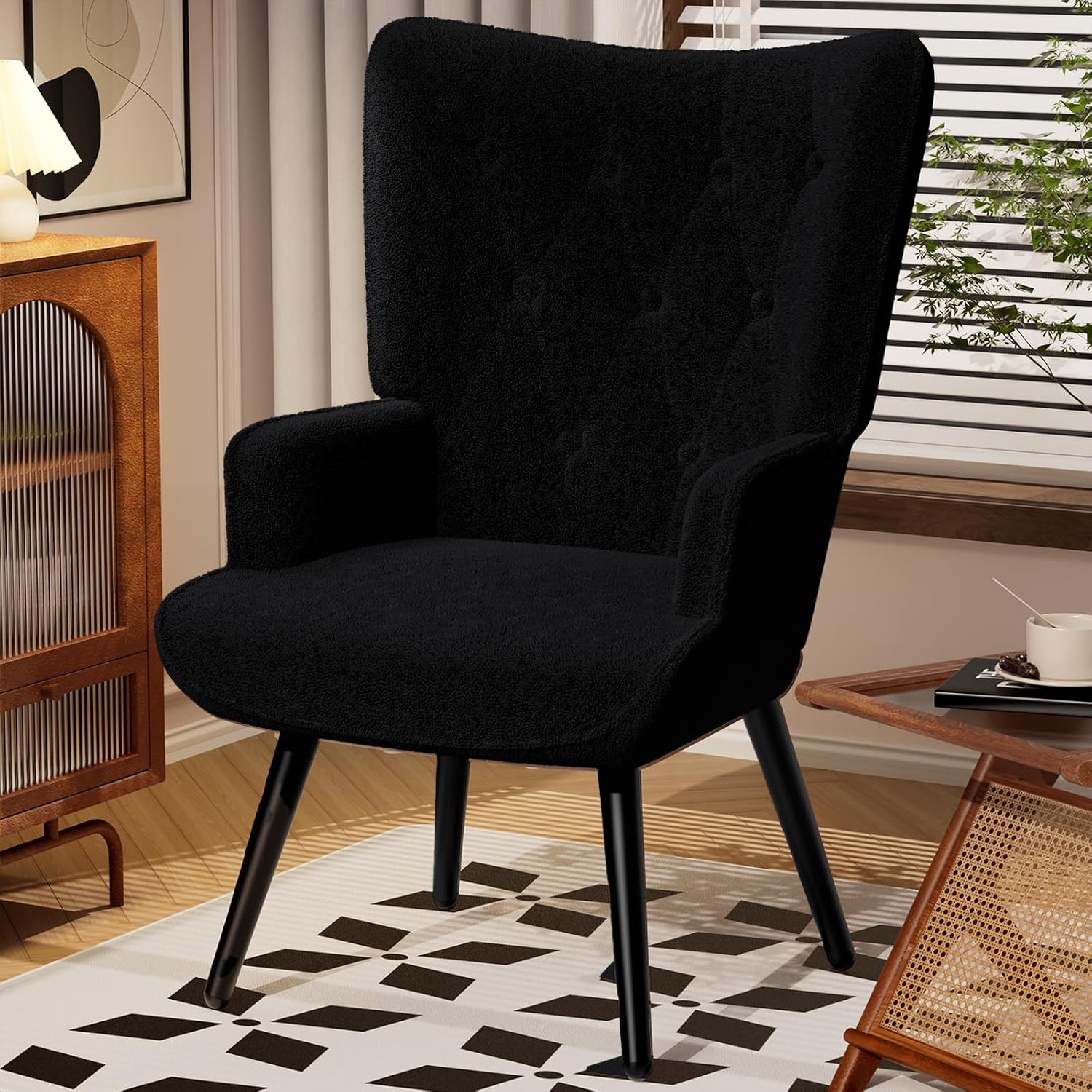 TLSUNNY Accent Chair, Upholstered Teddy Fabric Living Room Chairs | High Back Mid Century Modern Accent Chair, Comfy Wingback Chair for Living Room, Bedroom