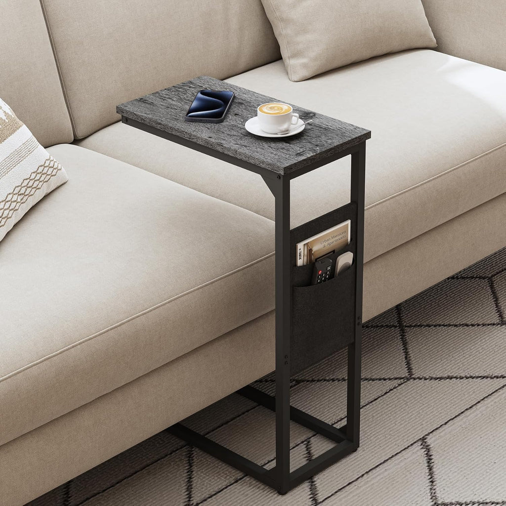 TUTOTAK C Shaped End Table, Side Table for Couch, Sofa Table with Storage Bag, TV Tray for Living Room, Bedroom, Charcoal Grey TB01BY082