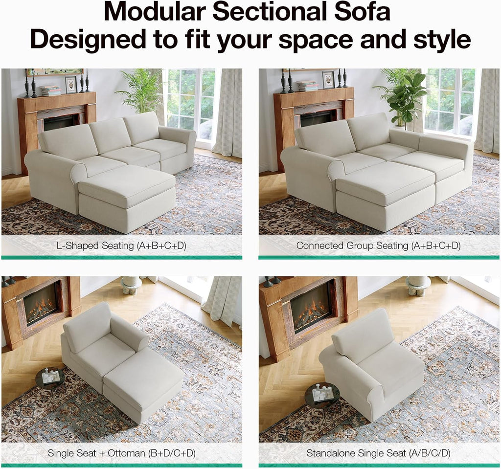 Novilla 108" Modular Sectional Sofa, Modular Sectional Couches for Living Room Bedroom, Chenille Removable Cover Cloud Couch with Smarts Coil® Support L-Shaped Couch(Beige, 3 Seater + 1 Ottoman)