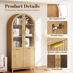Pamapic 71" Tall Arched Cabinet, Fluted Kitchen Pantry with Glass Doors & Adjustable Shelves, Arch Storage Cabinet, Wooden Pantry for Dining Room, Living Room (Natural)