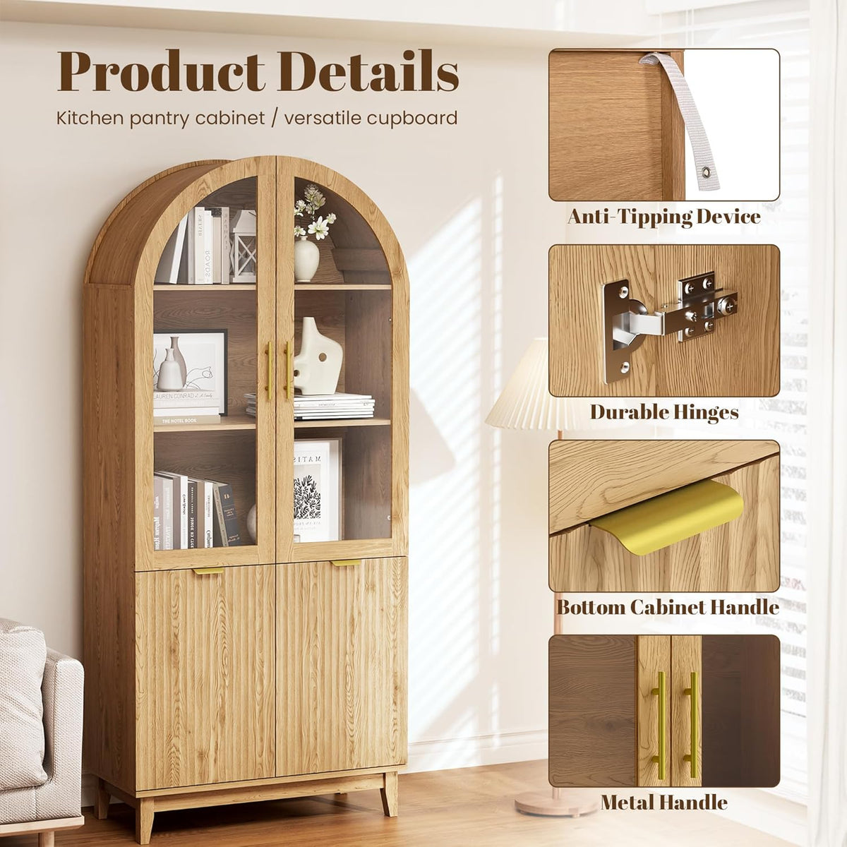 Pamapic 71" Tall Arched Cabinet, Fluted Kitchen Pantry with Glass Doors & Adjustable Shelves, Arch Storage Cabinet, Wooden Pantry for Dining Room, Living Room (Natural)