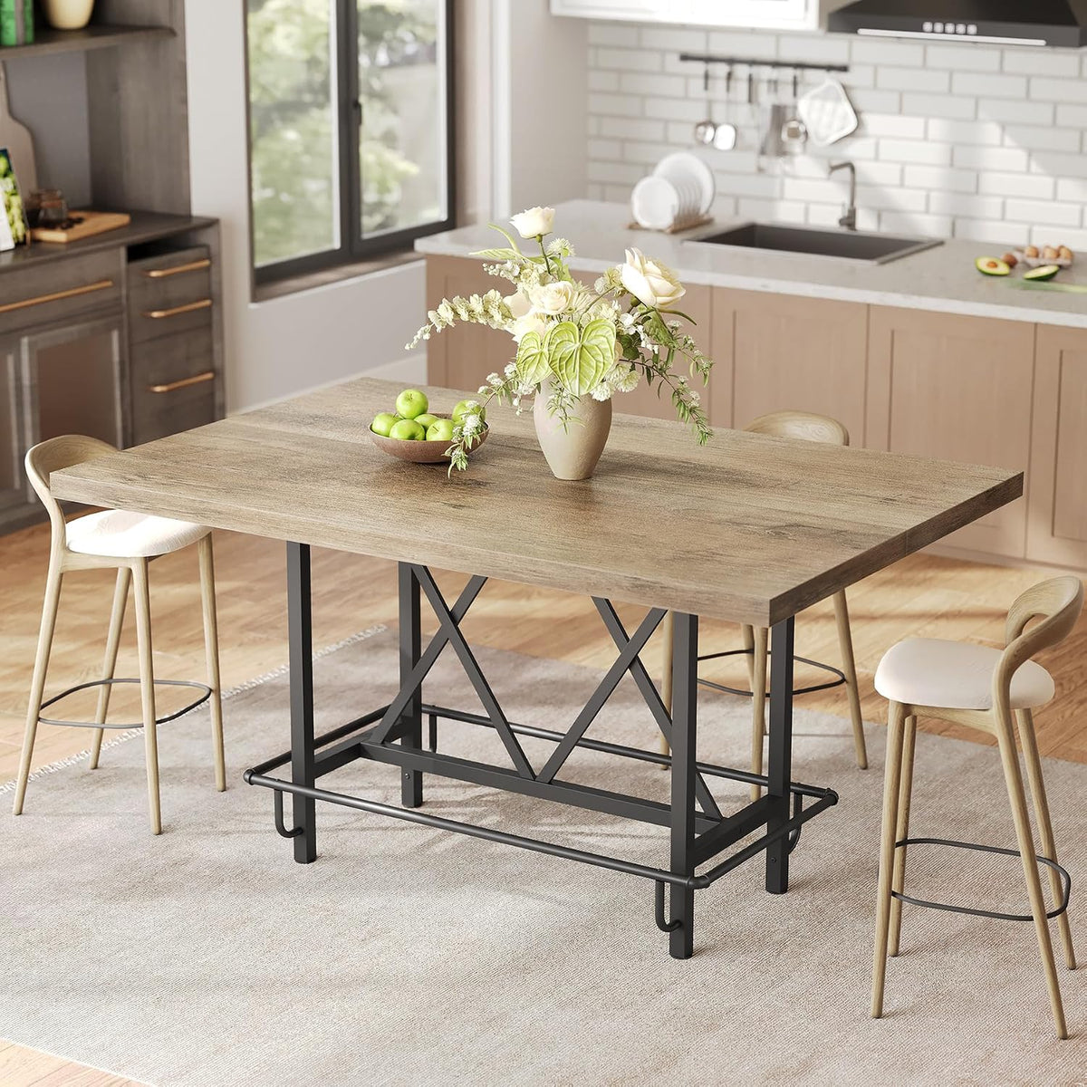 LITTLE TREE 63-Inch Industrial Bar Table with Metal Footrest, Counter Height Pub Table for Kitchen, Home Bar & Entertaining (Rustic Gray)