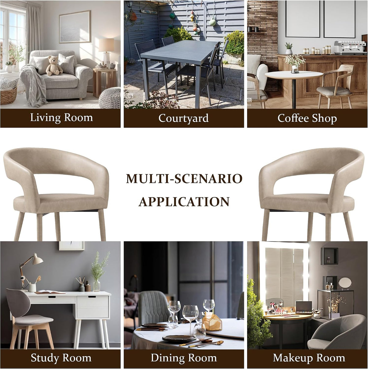 Modern Dining Chairs Set of 2, Kitchen Room Faux Leather Mid Century Chairs with Metal Frame and Hollow Back, Easy Clean Upholstered Barrel Dining Chair for Living Room, Restaurant, and Café, Greige
