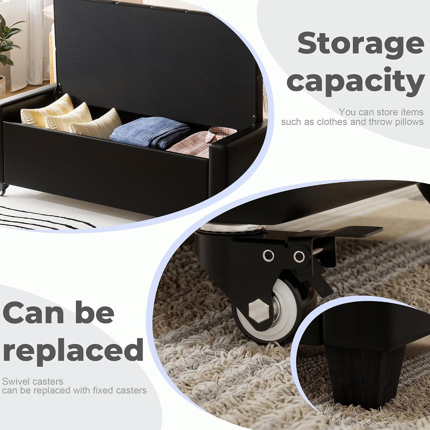 50” Ottoman Bench with Storage, Upholstered Faux Leather End of Bench for Bedroom, Load up to 660 lb, Fixed Base & Movable Swivel Wheels，Rectangular Tufted Entryway with Safety Hinge (Black)