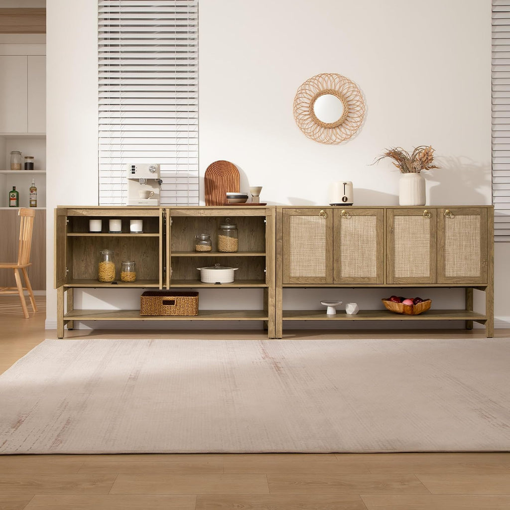 SICOTAS 55" Cherry Sideboard Buffet Cabinet with Rattan Doors, Rustic Farmhouse Coffee Bar Cabinet with Open Shelf, Warm Wood Credenza & Console Table for Kitchen, Dining Room, Entryway