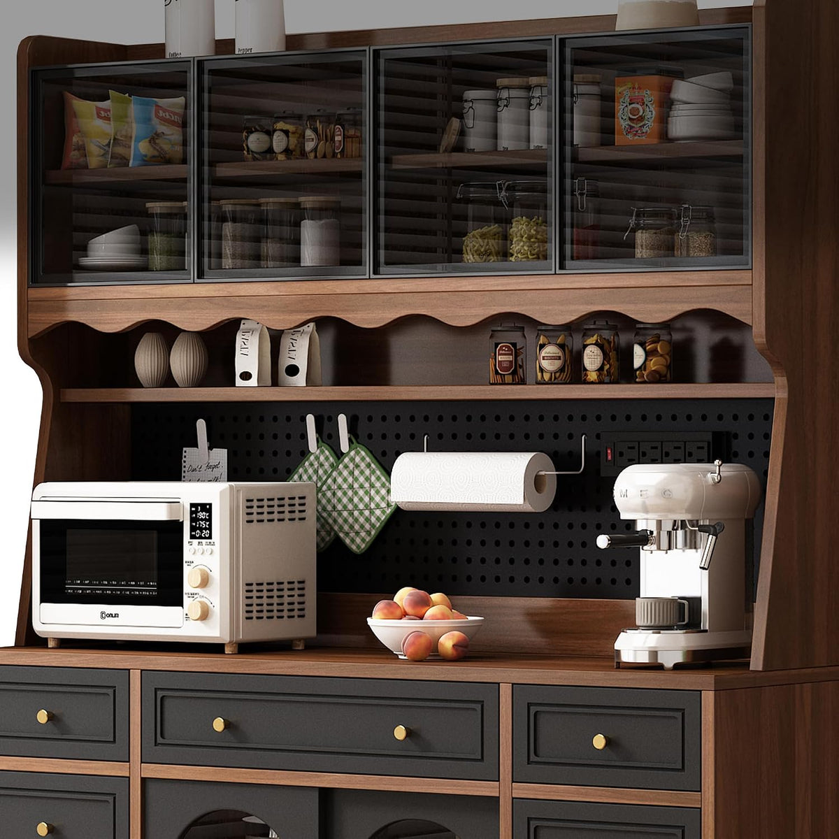63'' Kitchen Pantry Cabinet with Power Outlet,Large Kitchen Hutch Cabinet with 6 Drawers and Adjustable Shelves,Wood Buffet Cabinets for Dining Room and Living Room(Black and Walnut)