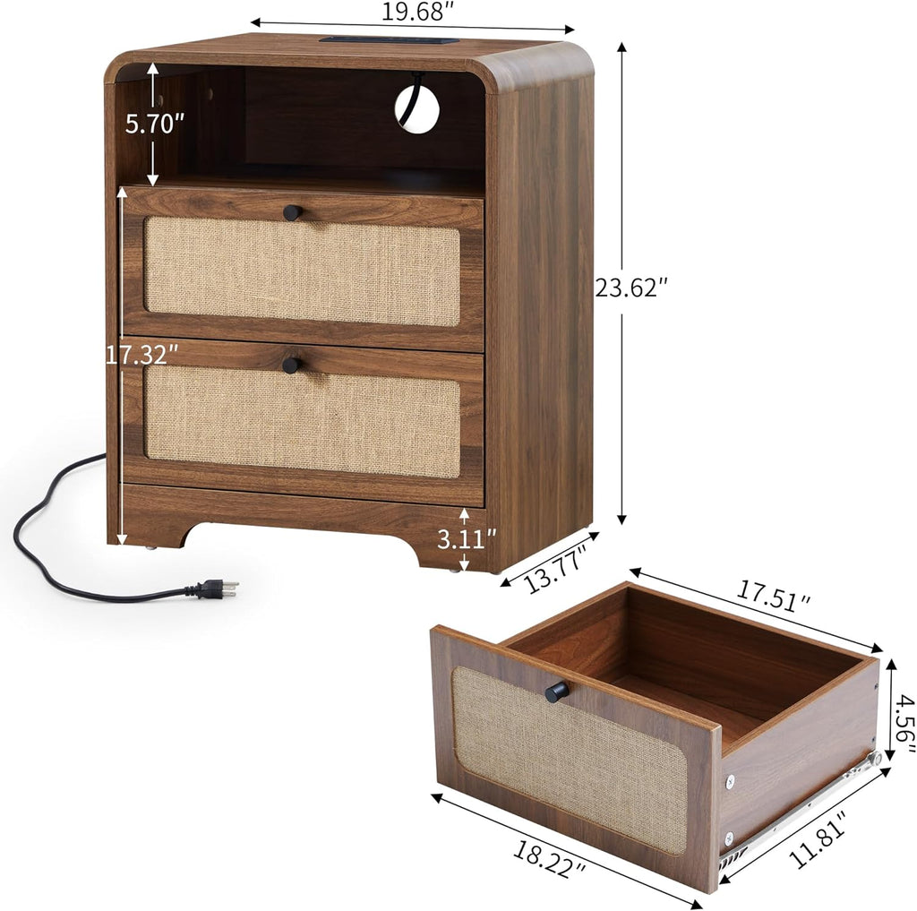 Farmhouse Nightstand with Charging Station, Night Stand with 2 Drawers, Mid-Century End Table with Linen Decor Storage for Livng Room Sofa Couch, Bedroom, Home Office 19.68"x13.77"x23.62"