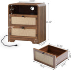 Farmhouse Nightstand with Charging Station, Night Stand with 2 Drawers, Mid-Century End Table with Linen Decor Storage for Livng Room Sofa Couch, Bedroom, Home Office 19.68"x13.77"x23.62"