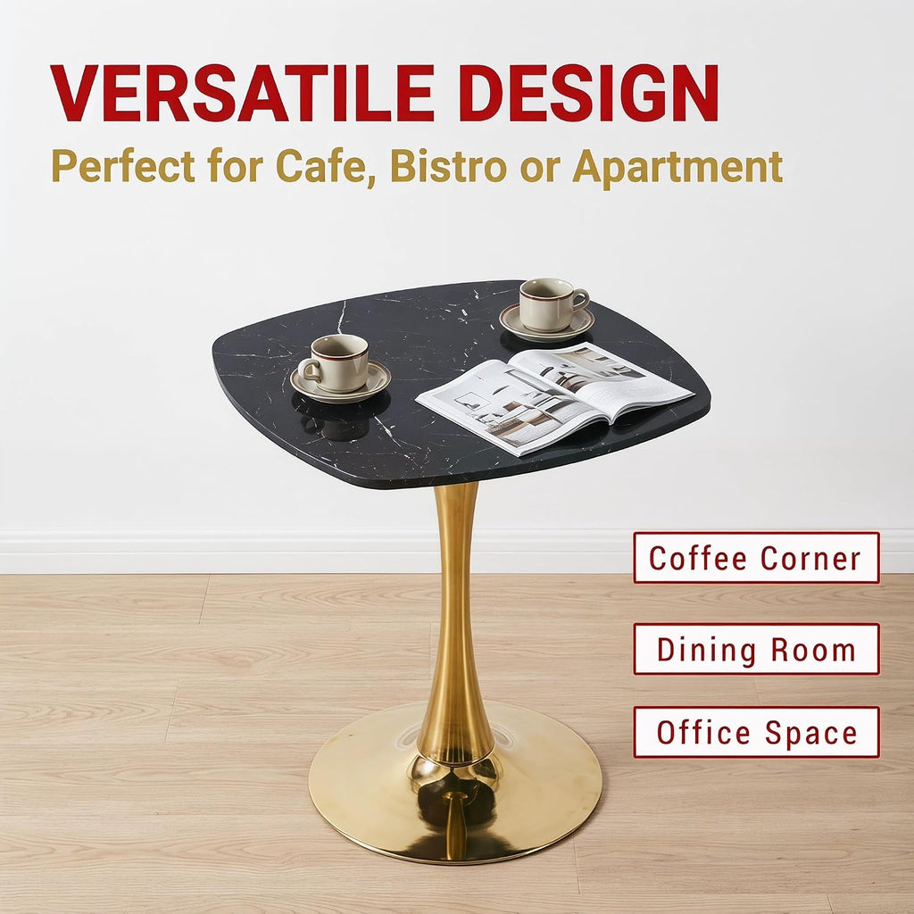 24 Inch Square Tulip Bistro Table for 2-4, Small Dining Table with Gold Metal Pedestal Base, Black Faux Marble Top Kitchen Table, Modern Square Cafe Table for Apartment Living Room Office Small Space