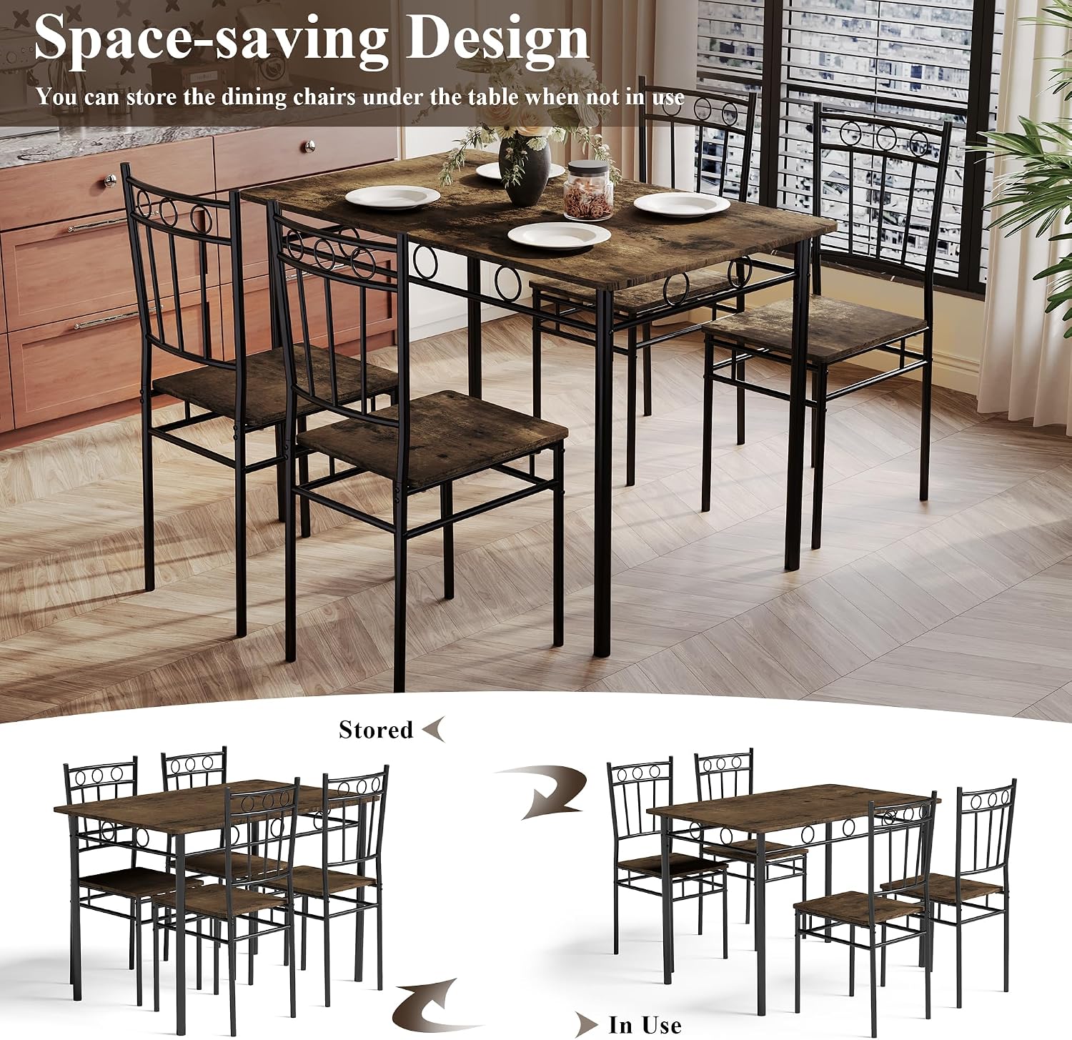 5 Piece Dining Table Set, Modern Metal&Wood Kitchen Dinner Table with 4 Chairs, Dining Room Table Sets for Small Spaces, Brown