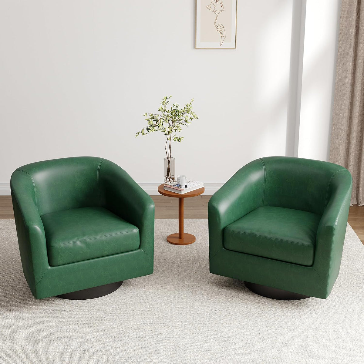 Lumibee Faux Leather Swivel Barrel Chairs Set of 2, Upholstered Comfy Round Swivel Accent Chair, 360° Rotation Single Sofa Club Armchair for Living Room, Reading Room, Bedroom, Green