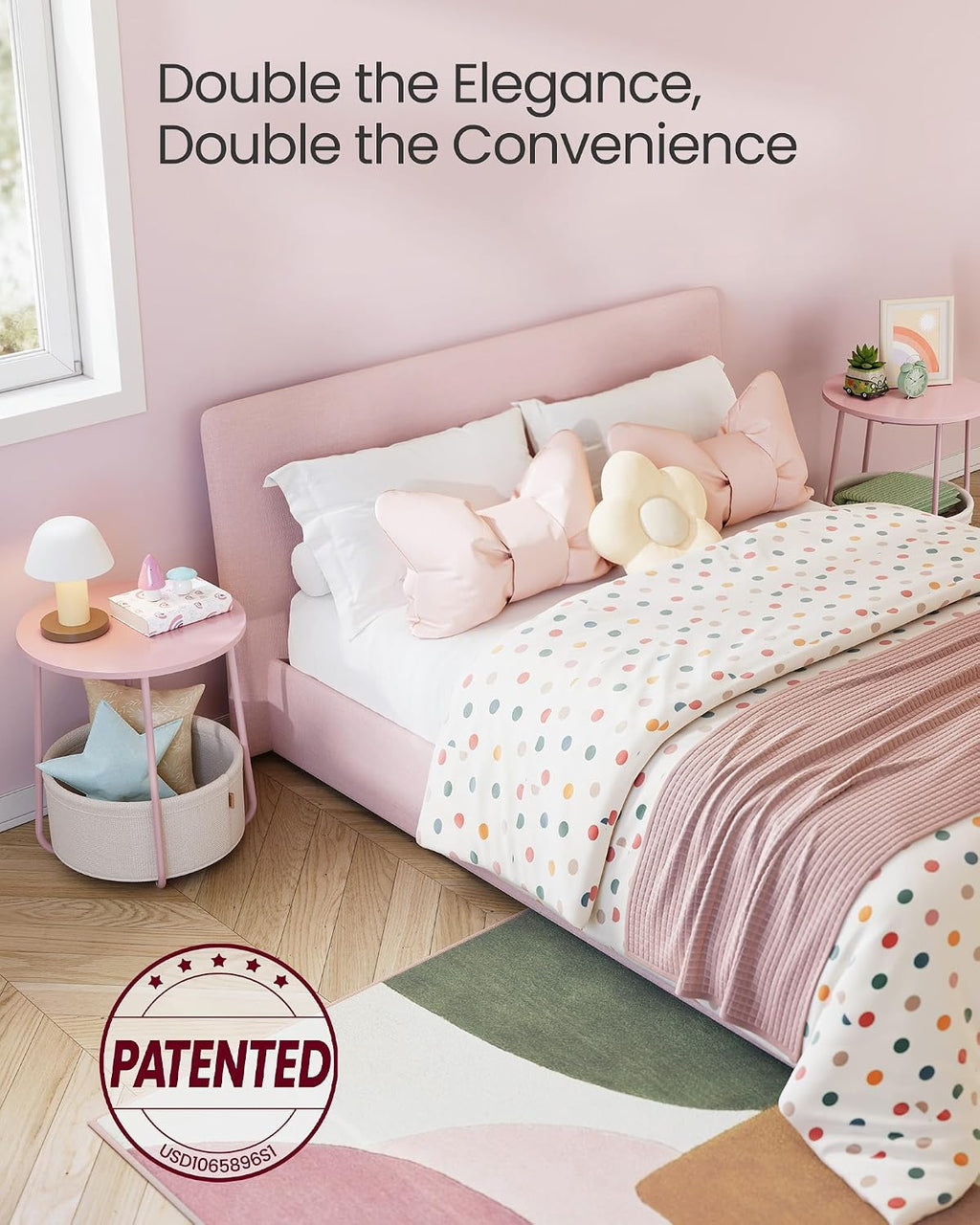 VASAGLE Nightstands, Set of 2 Small Round Side Tables with Fabric Basket, Bedside End Tables, for Bedroom, Jelly Pink and Cream White ULCT668R01