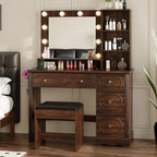 42" Walnut Brown Makeup Vanity Desk with Mirror & Lights & Charging Station | Dark Wood Dressing Table Make Up Desk, Power Outlets & USB Ports, Open Storage, 4 Drawers, Blow Dryer Holder, Vanity Bench