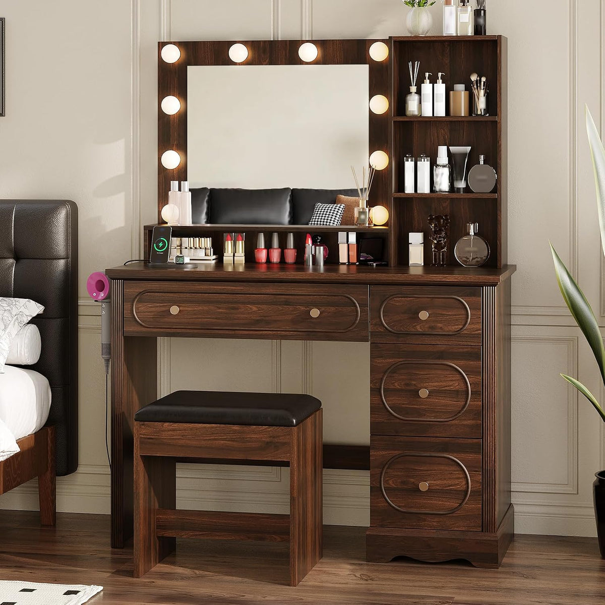 42" Walnut Brown Makeup Vanity Desk with Mirror & Lights & Charging Station | Dark Wood Dressing Table Make Up Desk, Power Outlets & USB Ports, Open Storage, 4 Drawers, Blow Dryer Holder, Vanity Bench