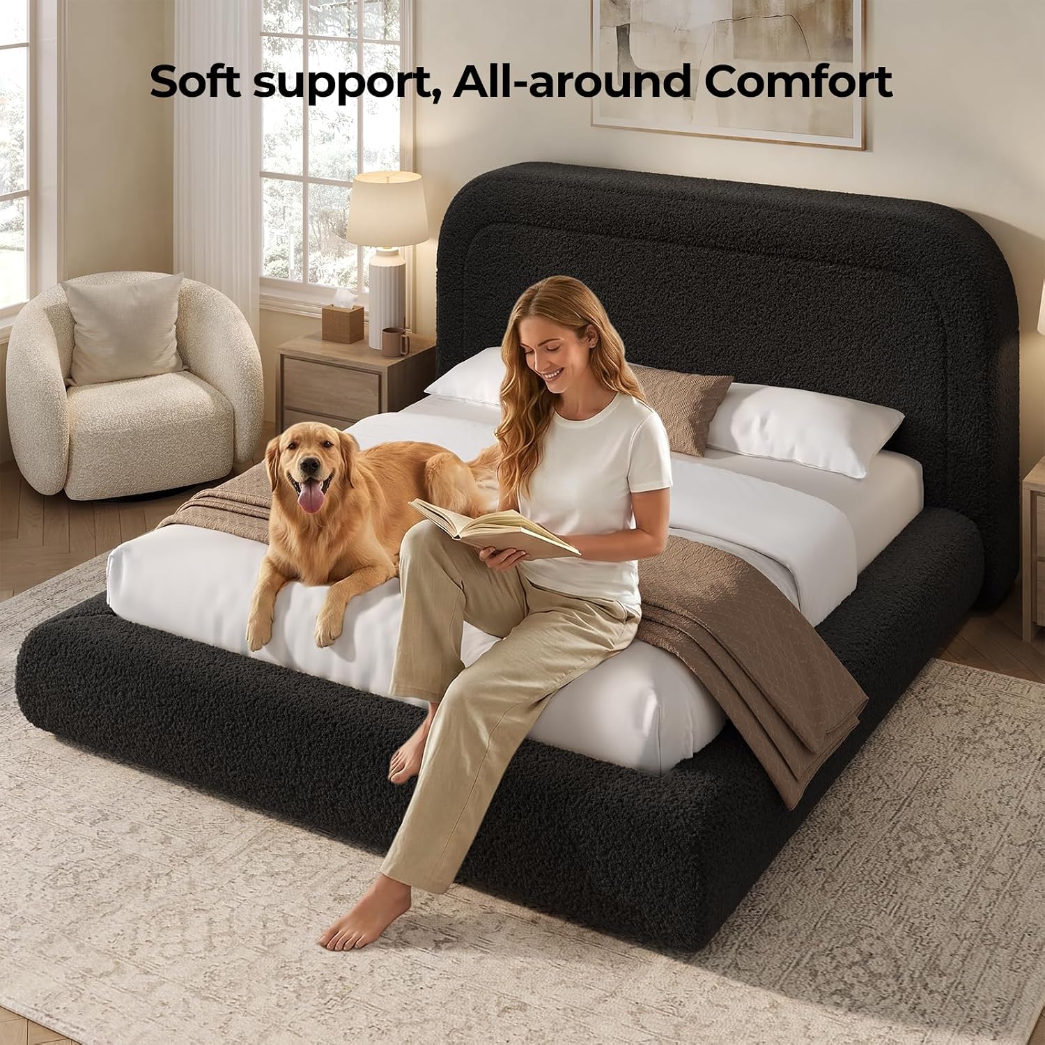 ADORNEVE Upholstered Queen Cloud Bed Frame with 5.9" Headboard, Black
