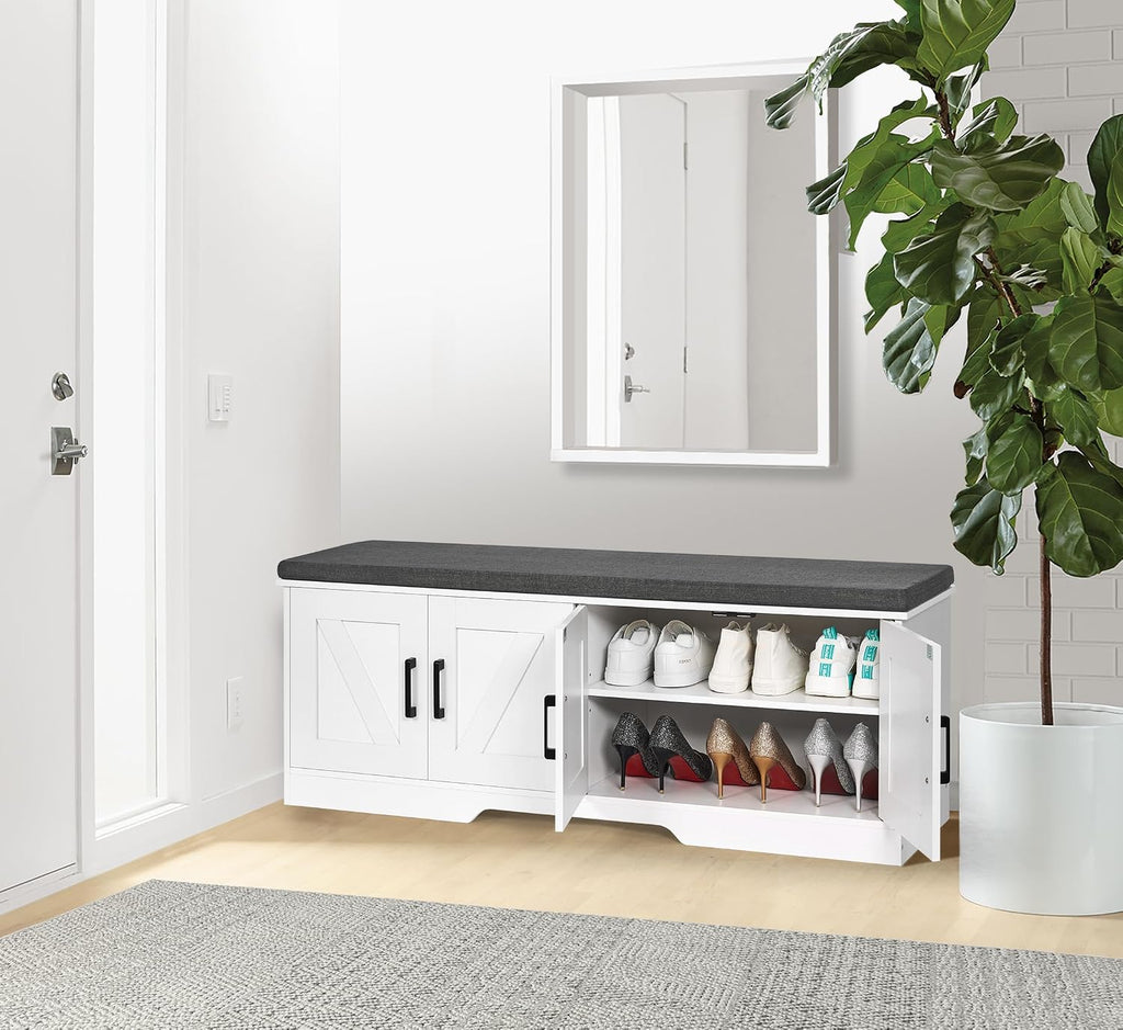 HOMSHO Farmhouse Shoe Storage Bench with 4 Barn Doors & Padded Seat Cushion | 47.2" Wide Entryway Bench with Adjustable Shelves & Hidden Storage, White