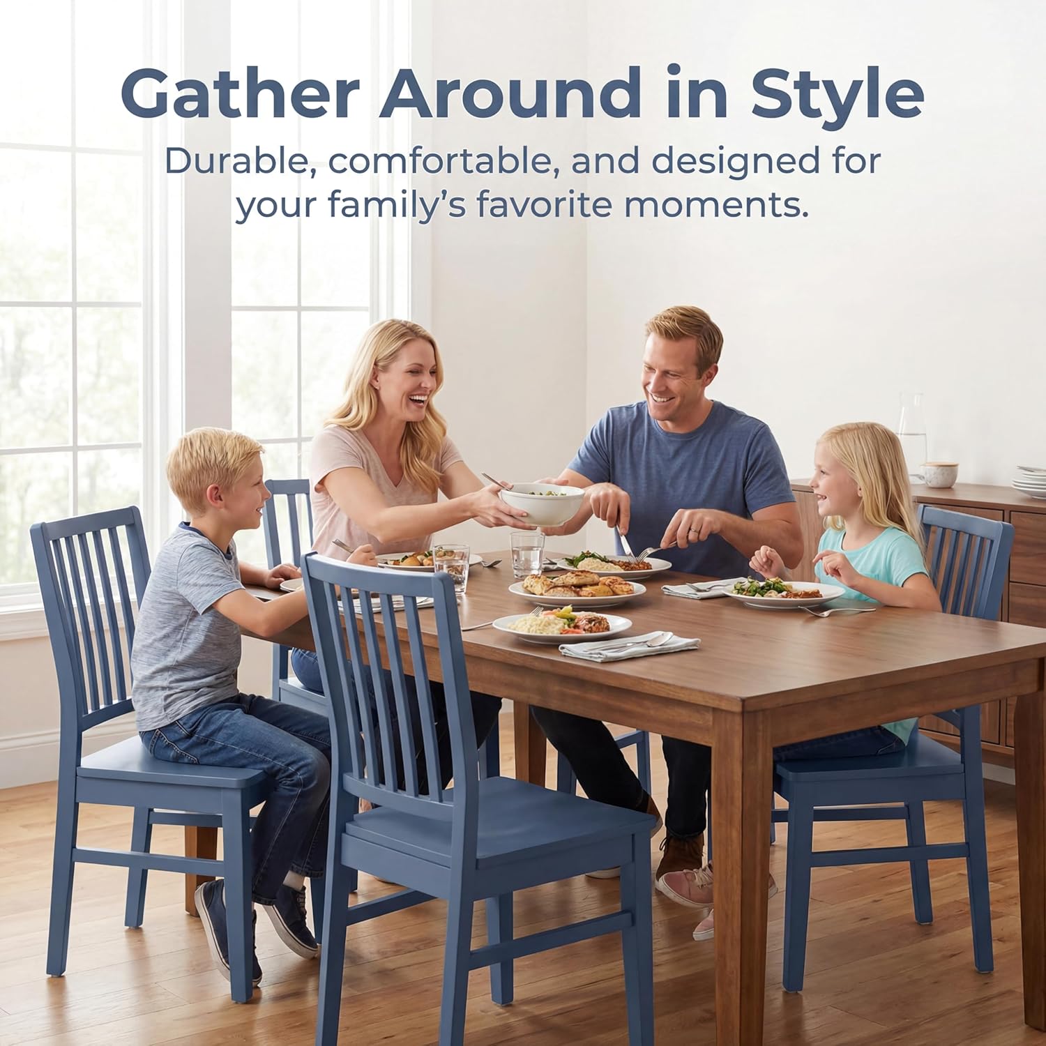 HNY Blue Wood Dining Chairs Set of 4, Farmhouse Kitchen Chairs with High Backrest and Wooden Legs, Armless Dining Side Chairs for Kitchen/Dining Room/Restaurant