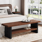 47" Solid Wood Entryway Bench with Shoe Storage, 2-Tier Modern Farmhouse Hallway Bench with Open Shelf for Bedroom, Dining Room, Mudroom, Easy Assembly, Dark Walnut & Black