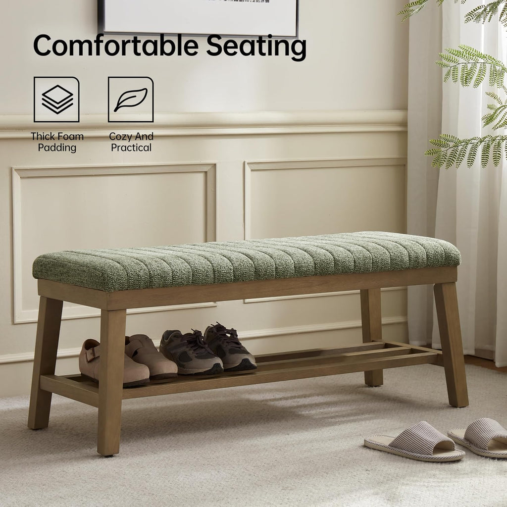 VKNOW Entryway Bench, Storage Shoe Bench with Rubberwood Legs, Green | Shoe Rack Bench with Cushion, Soft Chenille Fabric, Stripe Design, Bench With Shoe Storage for Hallway, Bedroom