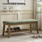 VKNOW Entryway Bench, Storage Shoe Bench with Rubberwood Legs, Green | Shoe Rack Bench with Cushion, Soft Chenille Fabric, Stripe Design, Bench With Shoe Storage for Hallway, Bedroom