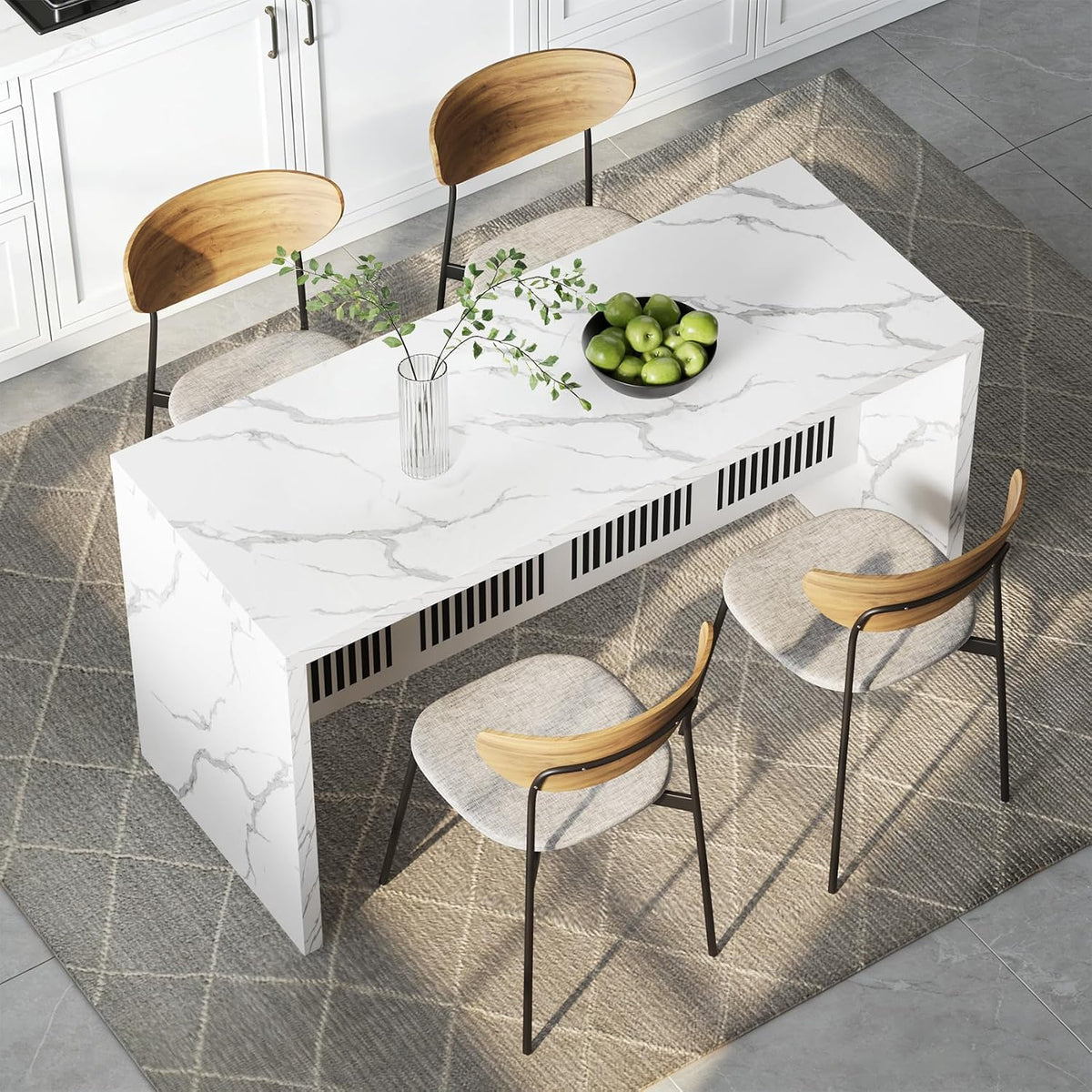 59IN Large Imitation Marble Dining Table, Suitable for 4-6 People, Modern Kitchen Island with LED Lights, Marble Stripes, Easy to Clean, Suitable for Kitchens, Dining Rooms, and Living Rooms