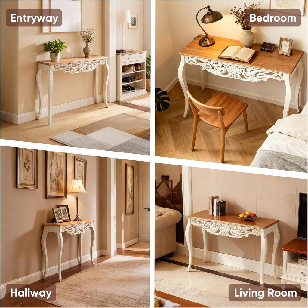 Console Table for Entryway with Carved Details, 43.31" Long Sofa Table Behind Couch, Vintage French Country Entry Table with Wood Carvings and Curved Legs for Hallway, Living Room - Antique White