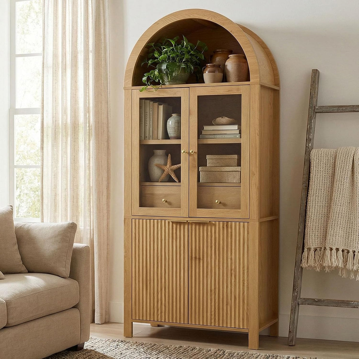 71" Fluted Tall Arched Pantry Cabinet with Glass Doors,Hutch Cabinet with Storage for Kitchen, Living Room, Dining Room, Wood Color