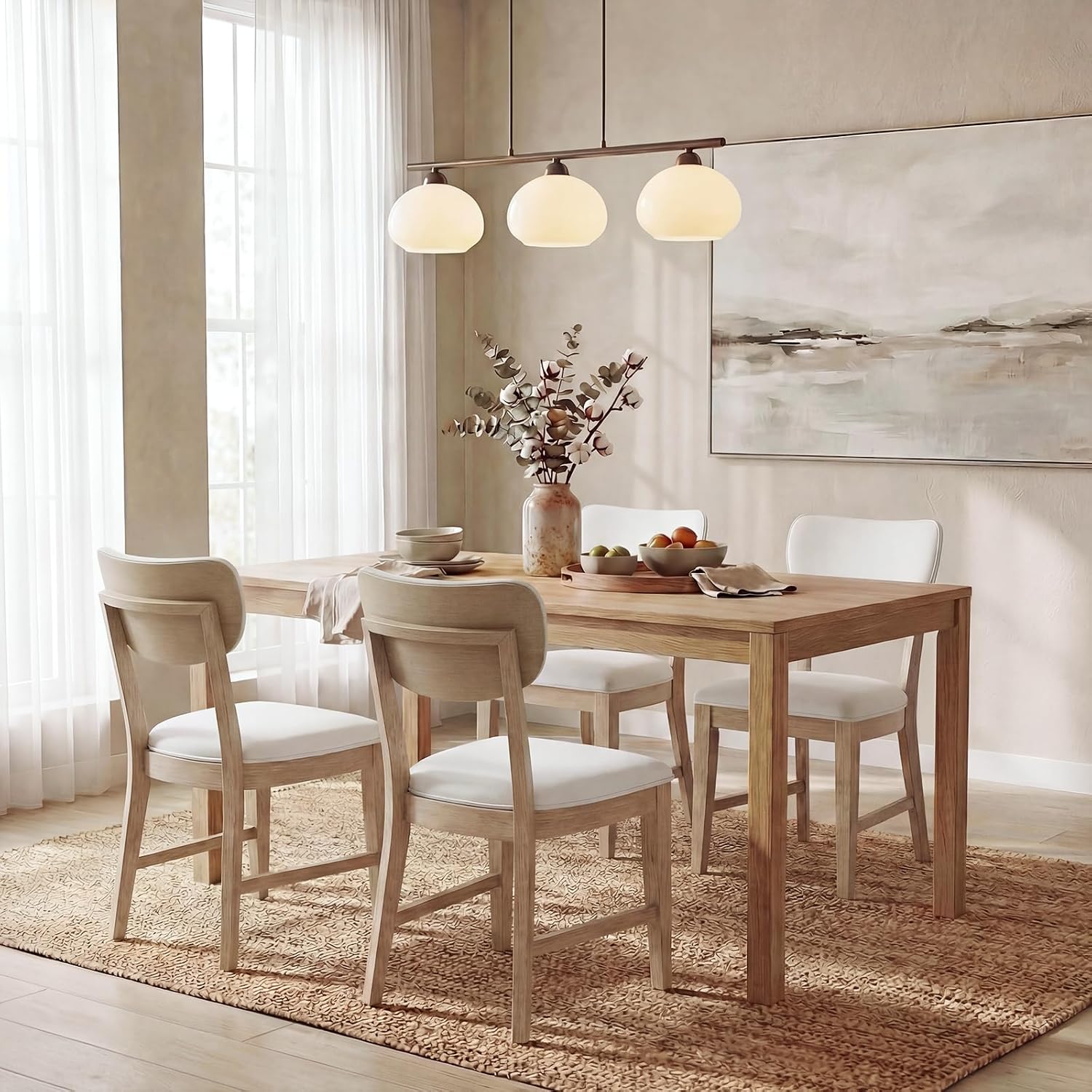 COLAMY Solid Wood Dining Chairs Set of 4, Mid Century Modern Upholstered Kitchen Chairs with 3.3" Thick Cushion & Anti-Slip Pads, Farmhouse Rubber Wood Dining Room Chairs, Oak Nature