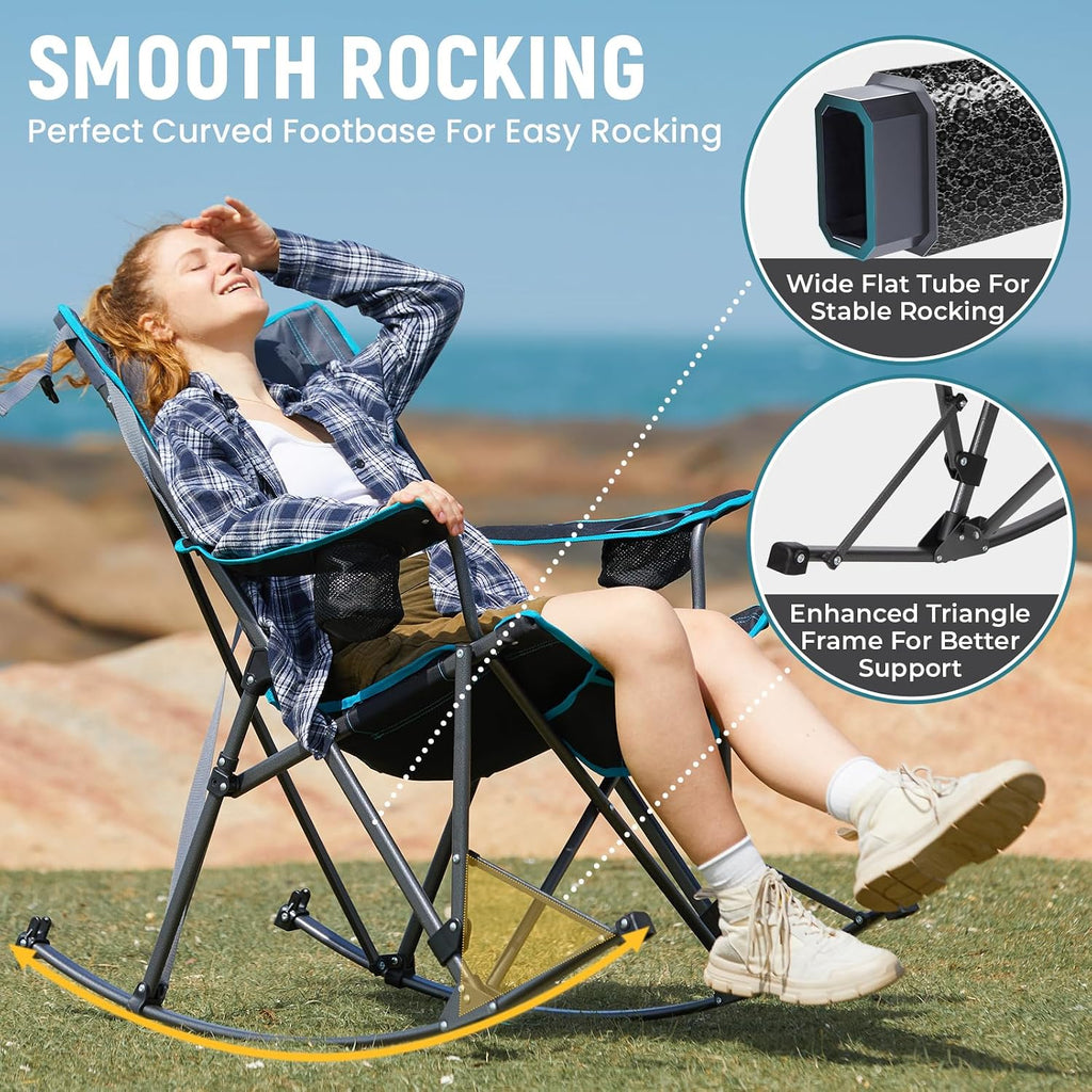 FUNDANGO Rocking Camping Chair for Adults, 400Lbs Folding Camp Chairs | 2 Pack Oversized Portable Chair for Outside with Pillows, Wide Armrest, Carry Bag for Patio Garden Outdoor(Black/Blue)