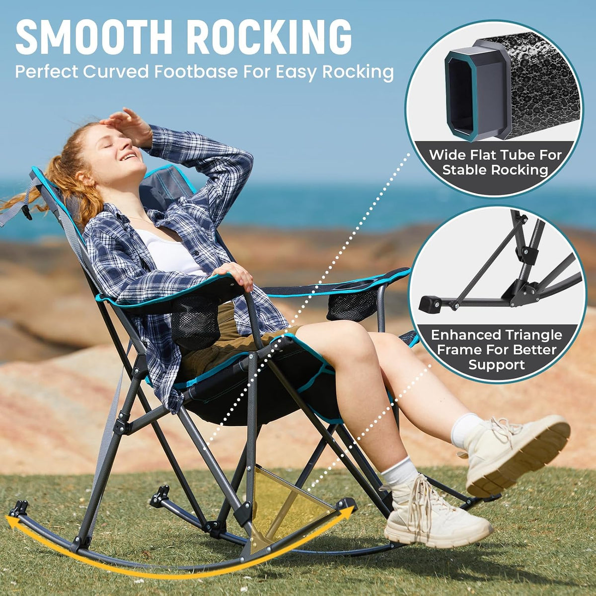 FUNDANGO Rocking Camping Chair for Adults, 400Lbs Folding Camp Chairs | 2 Pack Oversized Portable Chair for Outside with Pillows, Wide Armrest, Carry Bag for Patio Garden Outdoor(Black/Blue)