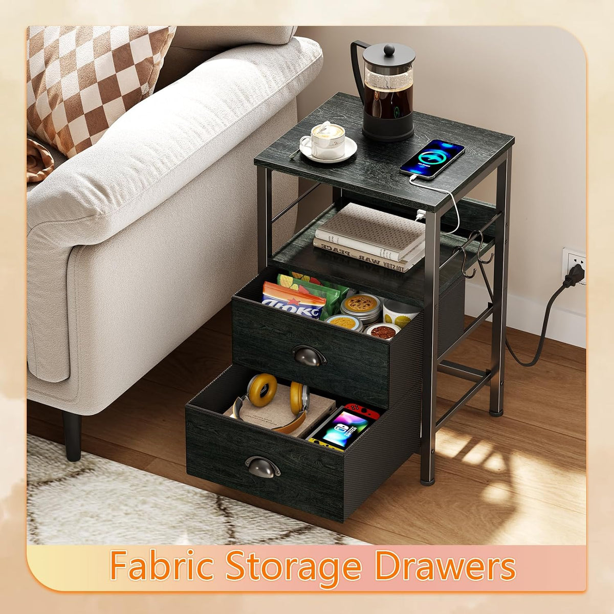 Furologee Nightstand with Charging Station, 2 Fabric Drawers, Black Oak | Night Stand Features USB Ports, Open Shelf, S Hooks, for Easy Living Room or Bedside Storage.