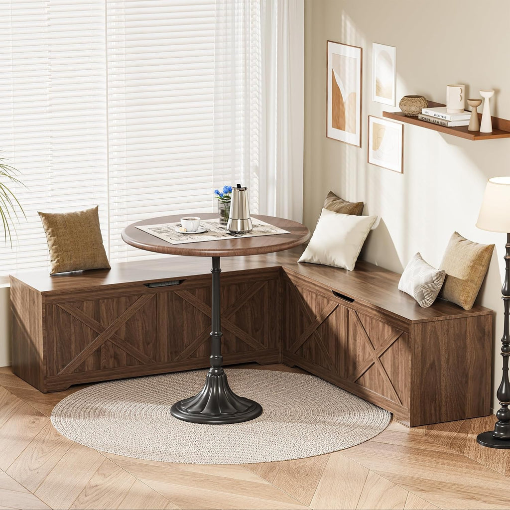 L Shaped Storage Bench, 63" Corner Bench with Storage, Breakfast Nook Bench with 3 Hidden Flip-Top Compartments, Backless Dining Bench for Kitchen, Entryway, Dining Room, Walnut