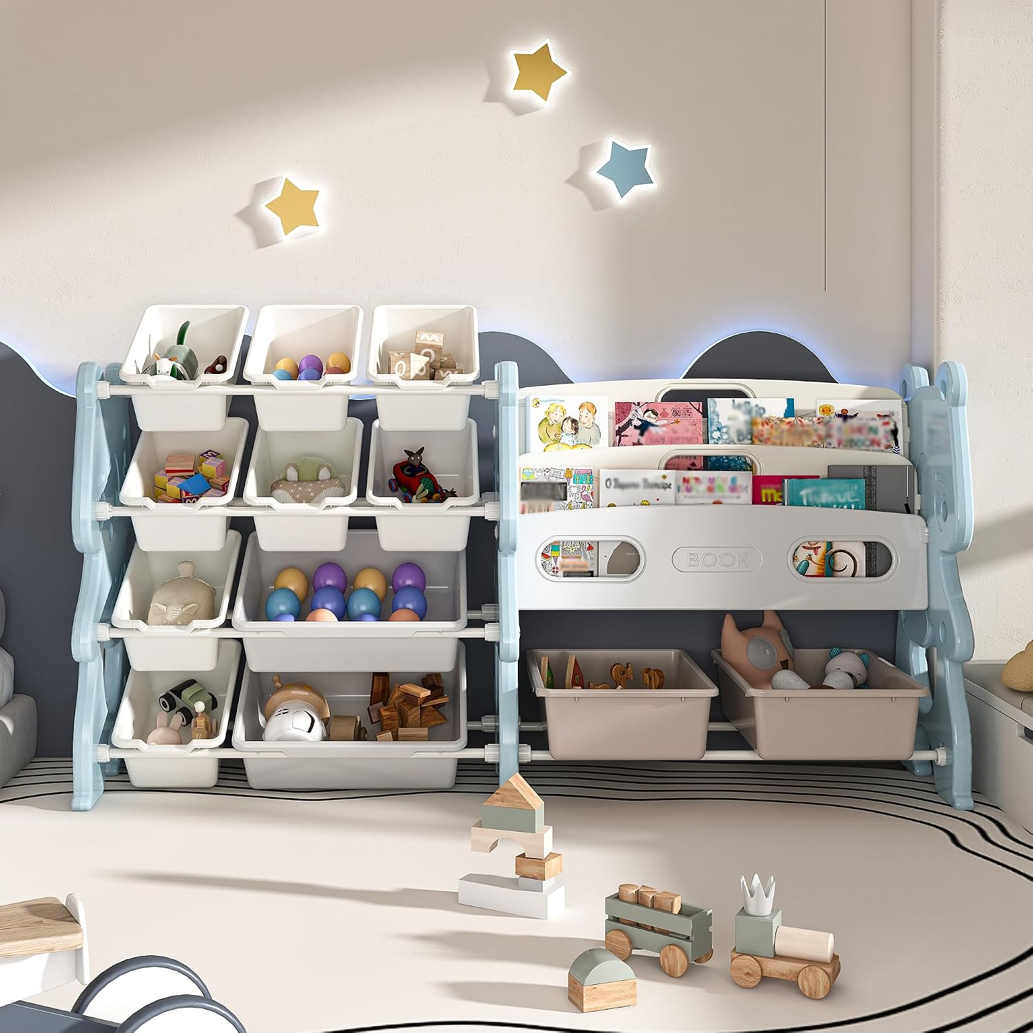 Runboll Kids Toy Storage Organizer with 2 Tier Bookshelf and 12 Bins, Multi-Purpose Children's Toy Shelf Organizer with Bins for Playroom, Bedroom, Nursery, Living Room