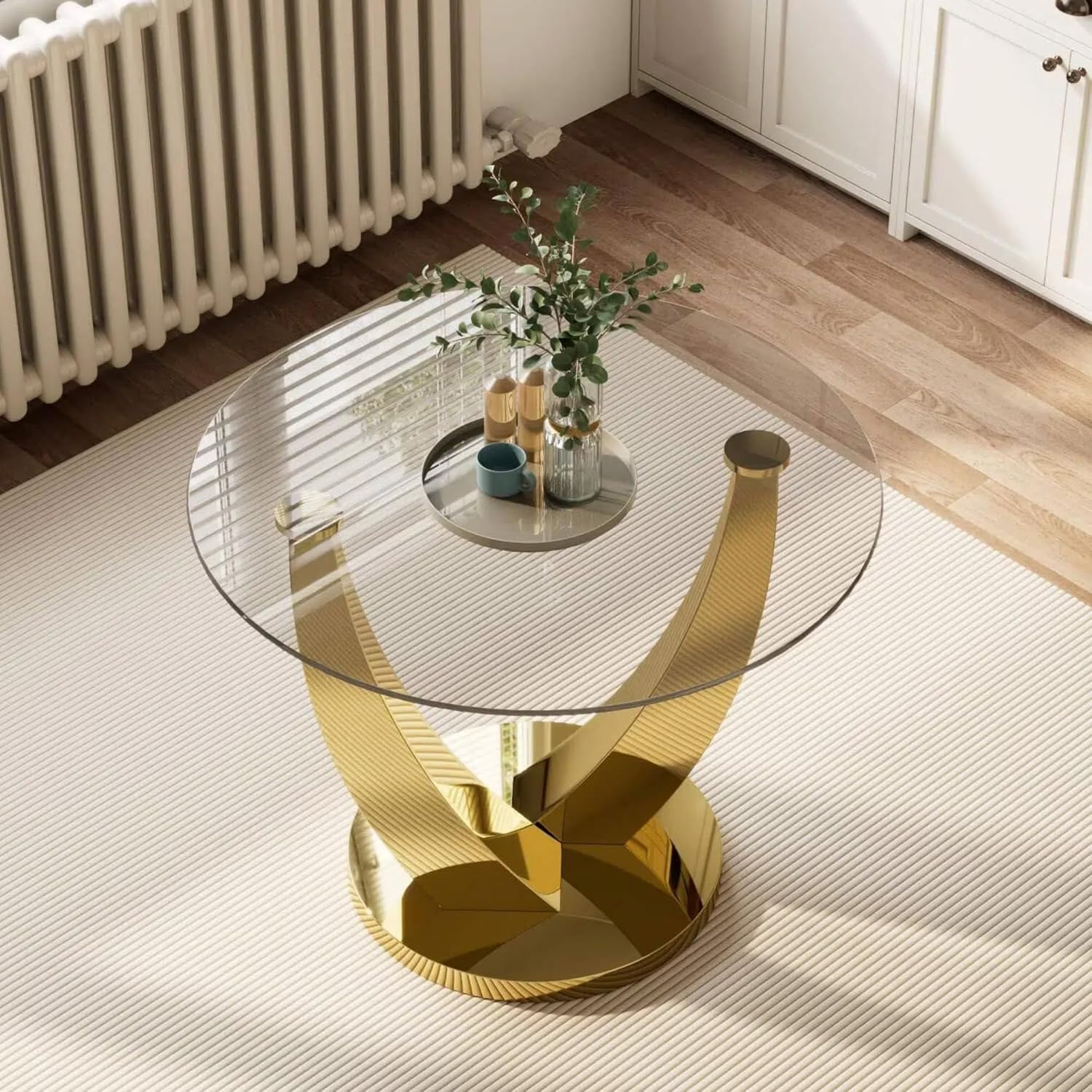 38.9" Round Glass Dining Table for 2-4, Modern Glass Dining Room Table with Tempered Glass Top & Stainless Steel Legs, Round Kitchen Table for Small Space, Apartment(Gold)