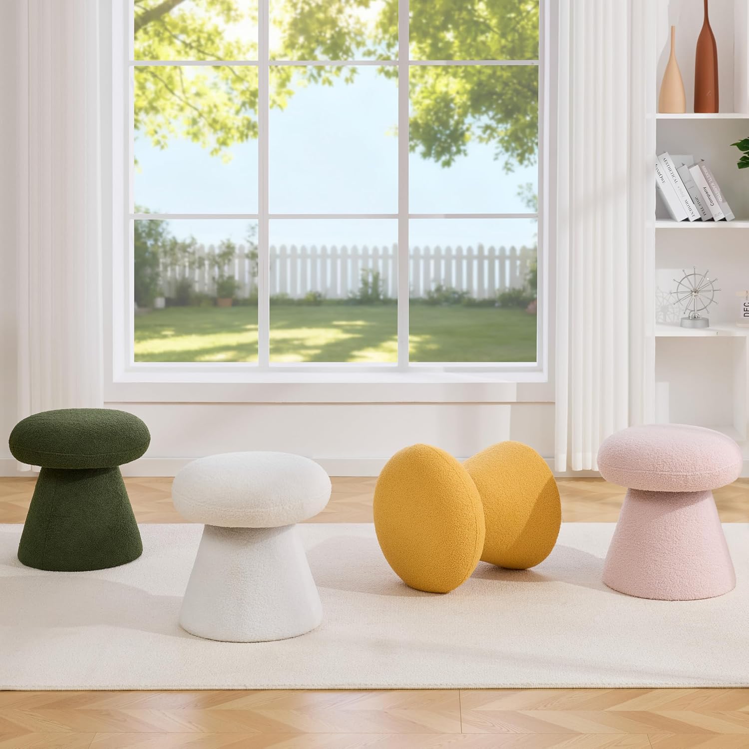 FOXHUNTER Mushroom Pouf Ottoman with 360° Rotation, White | Footstool with Sponge Filling, No Assembly Required, Soft Shoe Stool, Makeup Chair for Living Room Bedroom Entrance